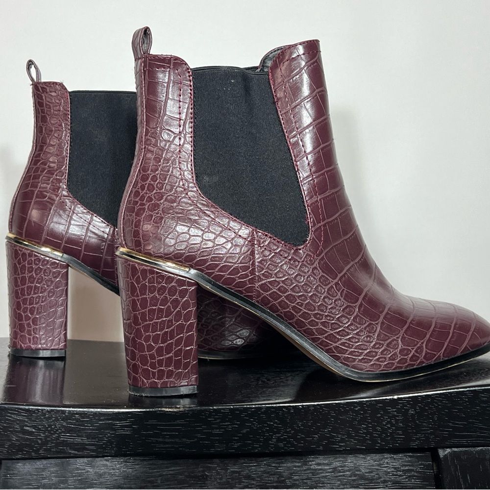 Just Fab Amika Eggplant Purple Faux Croc Heeled Booties